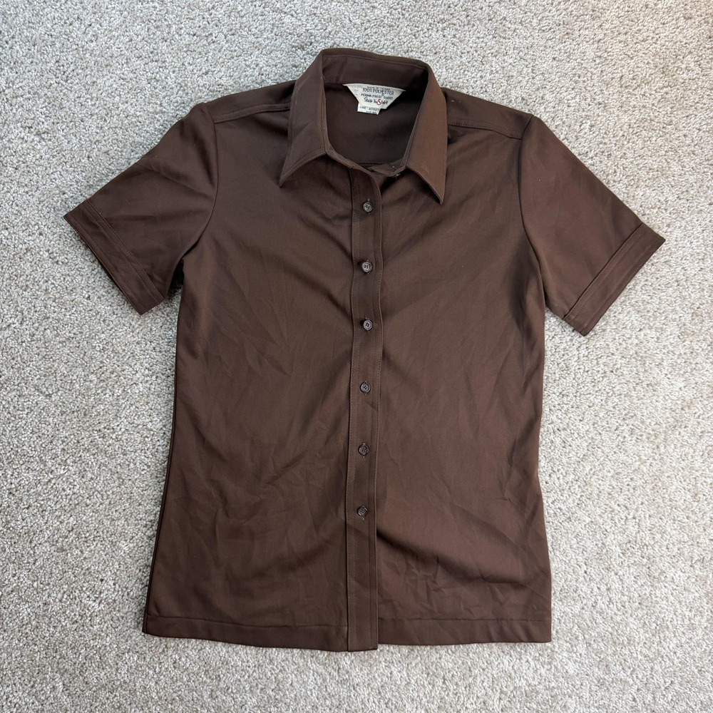 Vintage 70s Sears Shirt Womens 10 Brown Button Front Short Sleeve Polyester Top